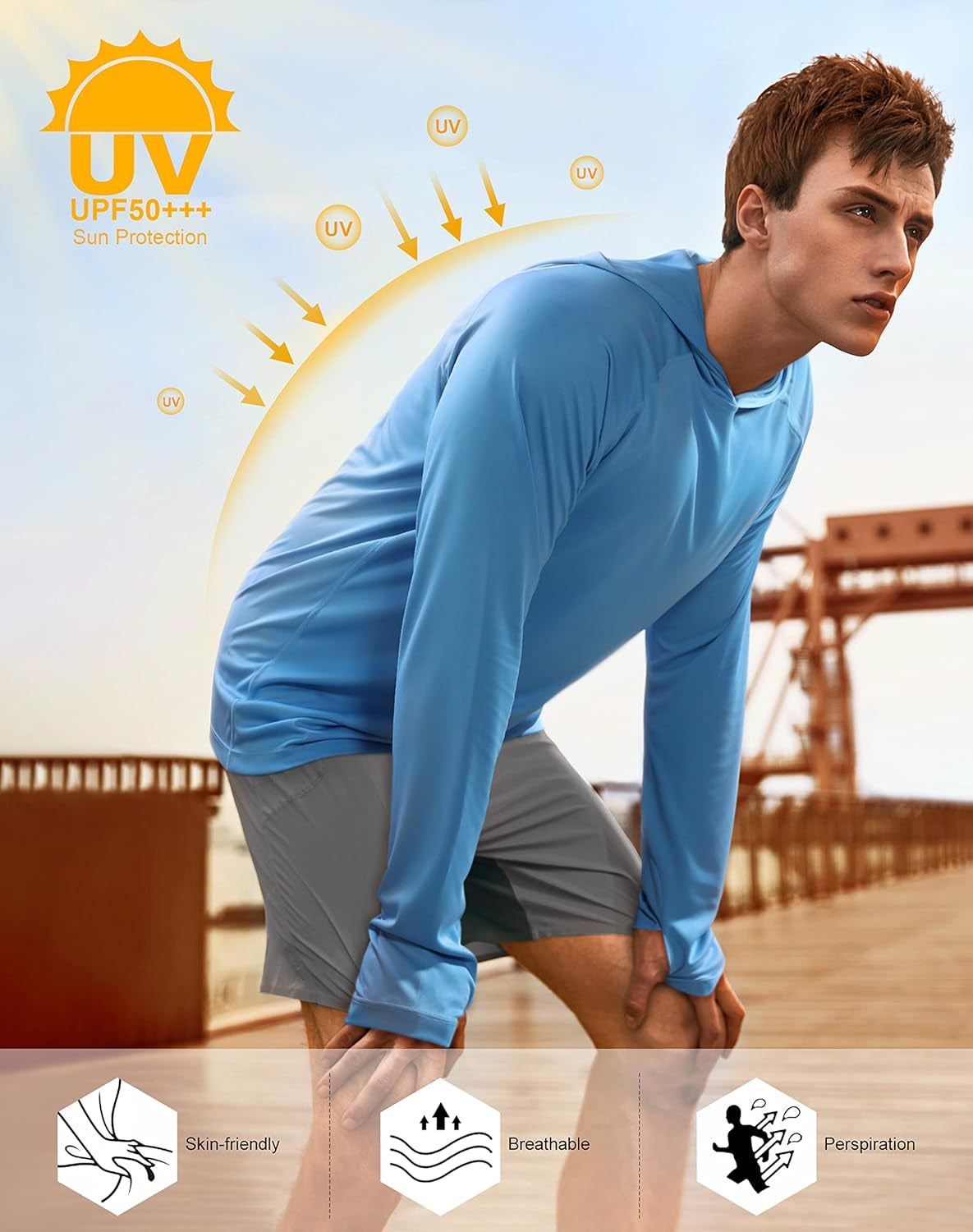Sun Shirt UPF 50+ Men'S Fishing Shirt Long Sleeve UV Protection Hoodie Rash Guard for Swimming Running Hiking Light