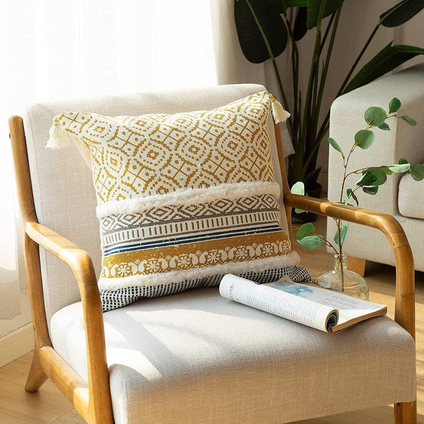 Boho Tufted Decorative Throw Pillow Covers for Couch Sofa - Modern Moroccan Pillow Case with Tassels, Accent Decor Large Pillowcase for Bedroom Living Room Car Hotel, 22 X 22 Inches, Yellow