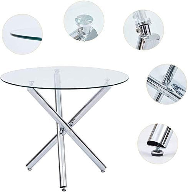 Glass round Dining Table with Clear Tempered Top - Modern Kitchen End Table for Leisure Tea and Coffee