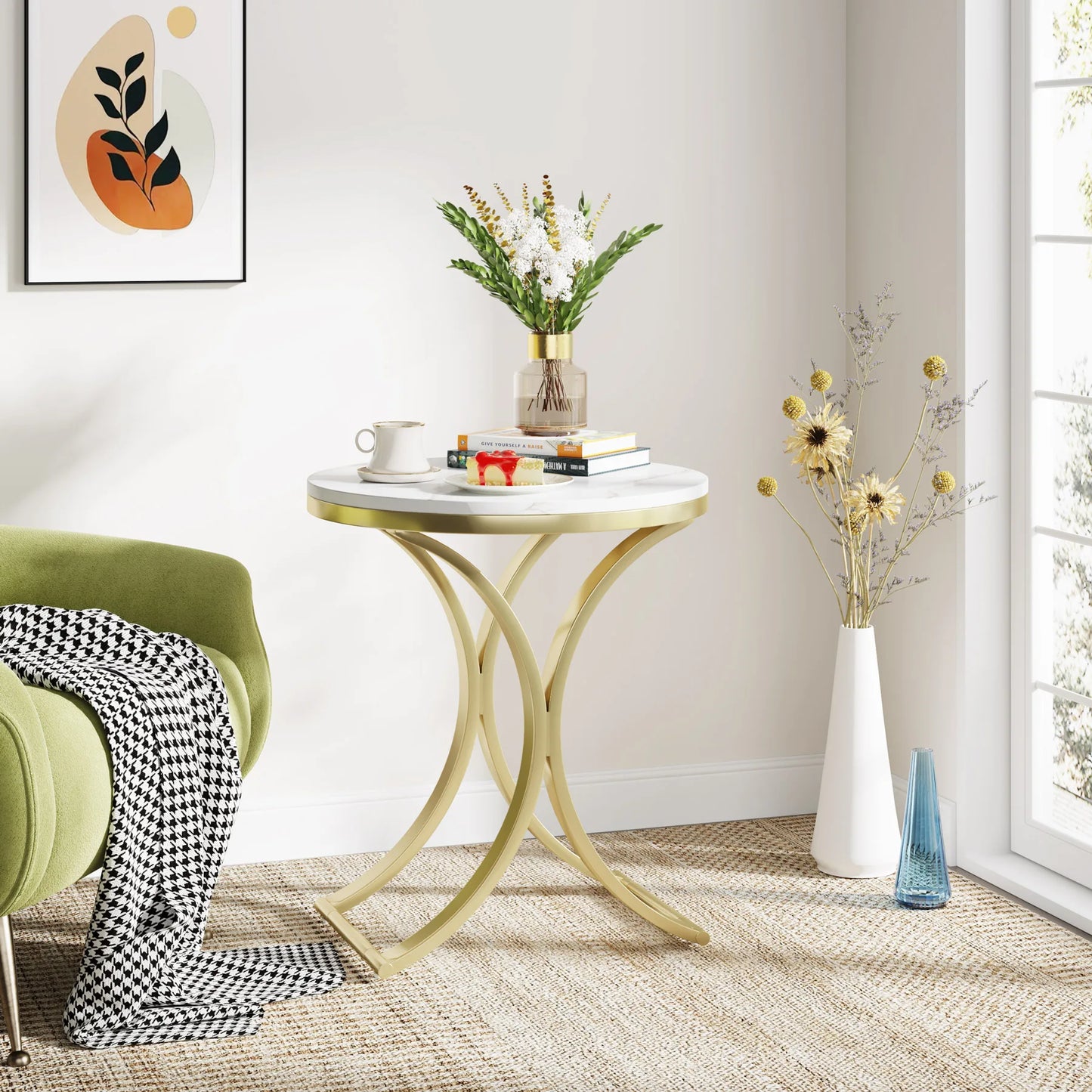 White Gold Side Table round End Table Modern Small Coffee Table Accent C Table Bedside Table