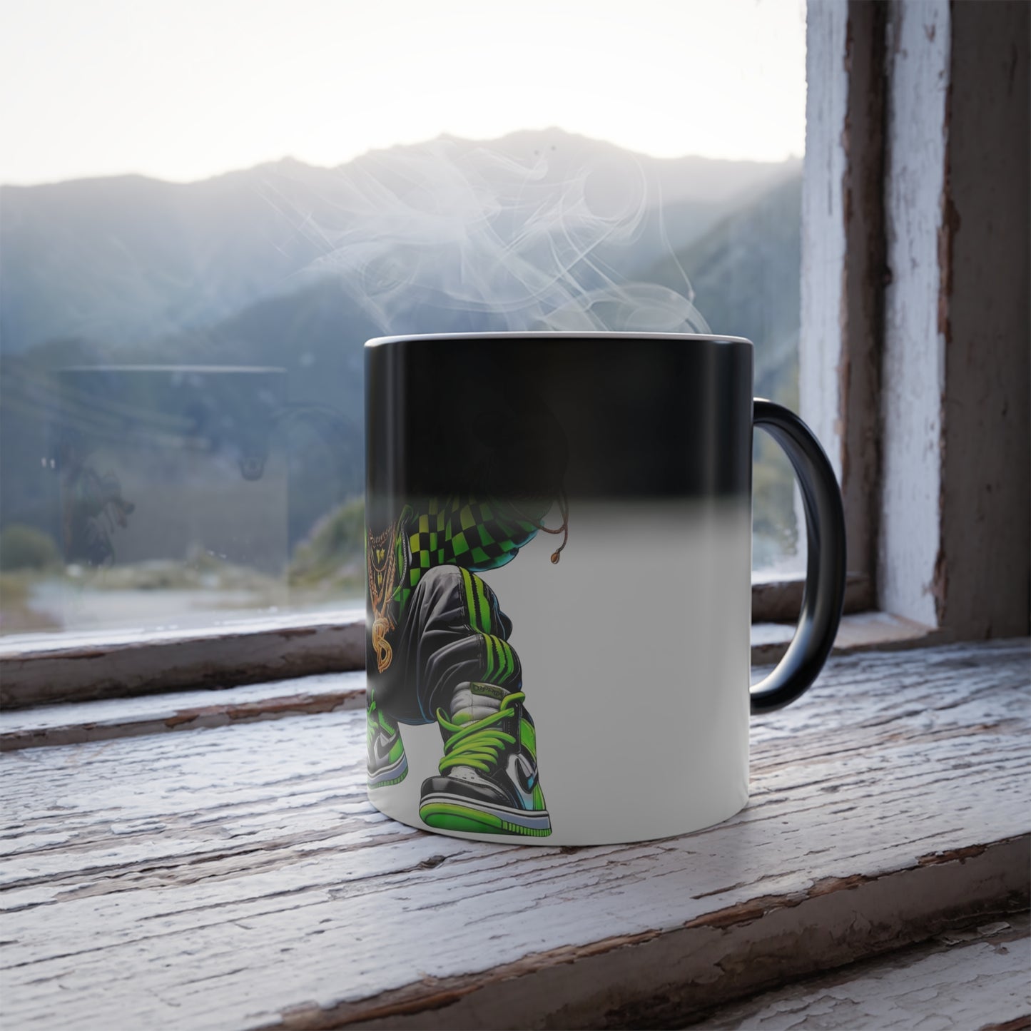 Color-Changing 11oz Mug — Hip Hop Bear Graphic (Green Streetwear)