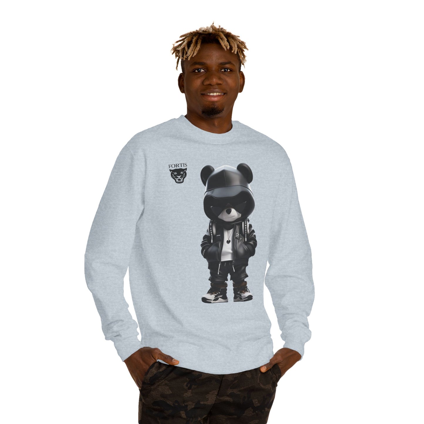 Streetwear Bear Graphic Sweatshirt — Black Hoodie Bear Illustration Crewneck