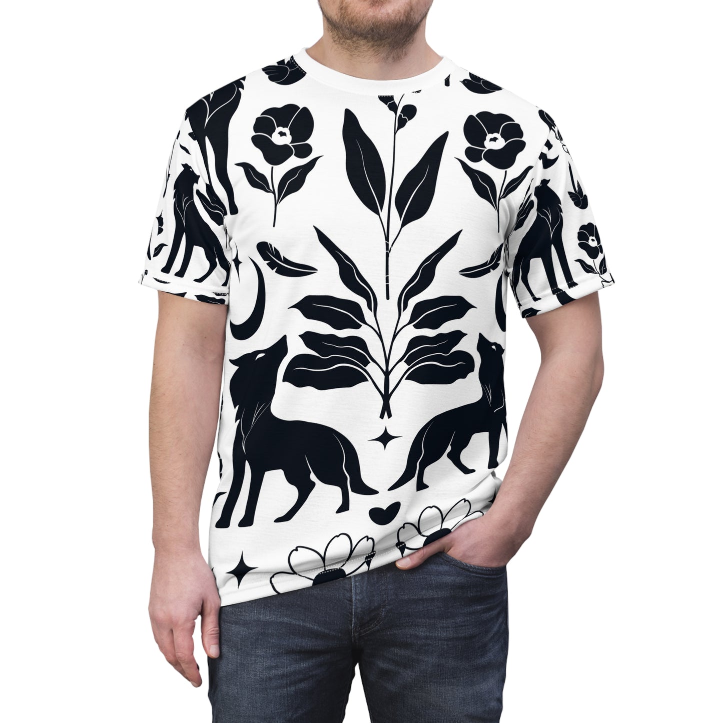 Botanical Fox Pattern Tee — Black & White Floral All-Over Print T-Shirt