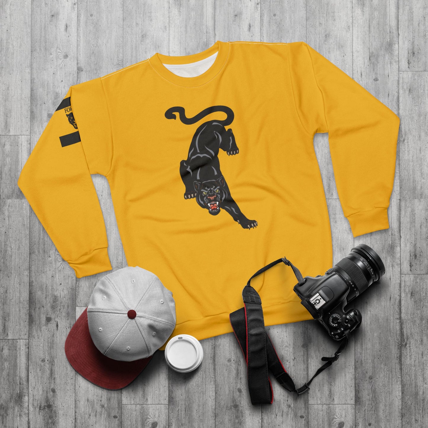 Panther Graphic Sweatshirt — Bold Black Cat Design on Gold