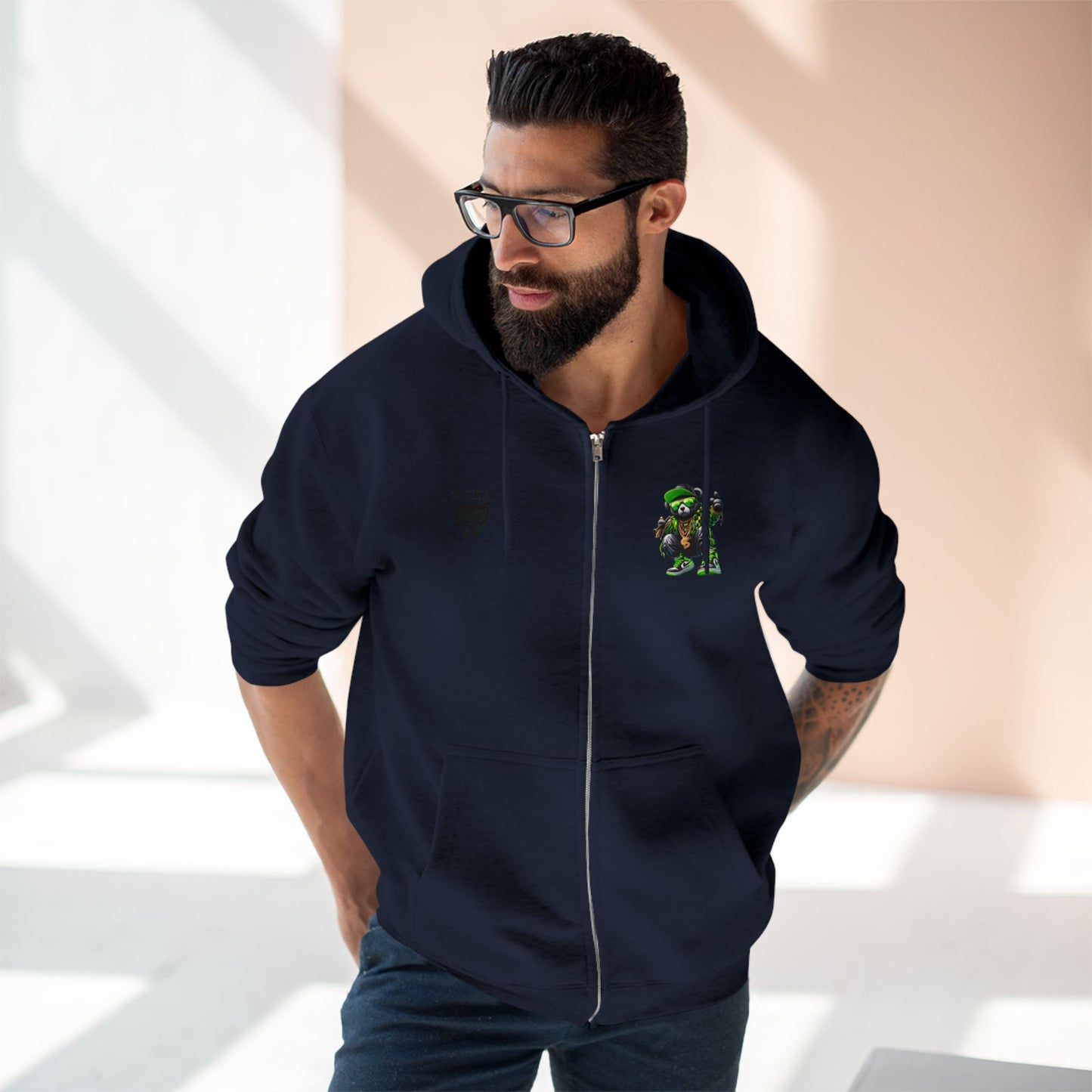 Streetwear Bear Zip Hoodie — Green Urban Teddy Graphic Zip-Up