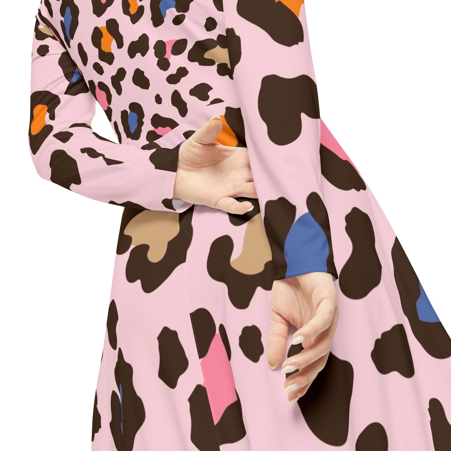 Pink Leopard Print Long Sleeve Dance Dress — Women's AOP Swing Skater Dress