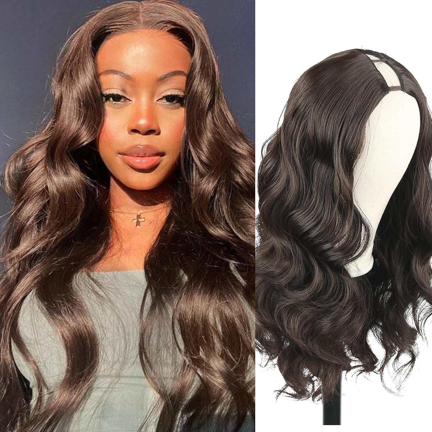 Chocolate Brown Body Wave V Part Wig Upgrade U Part Synthetic Wigs for Black Women, 24Inch Long Wavy Brown Wig V Shape Glueless Wigs Full Head Clip in Half Wig No Leave Out(#4)