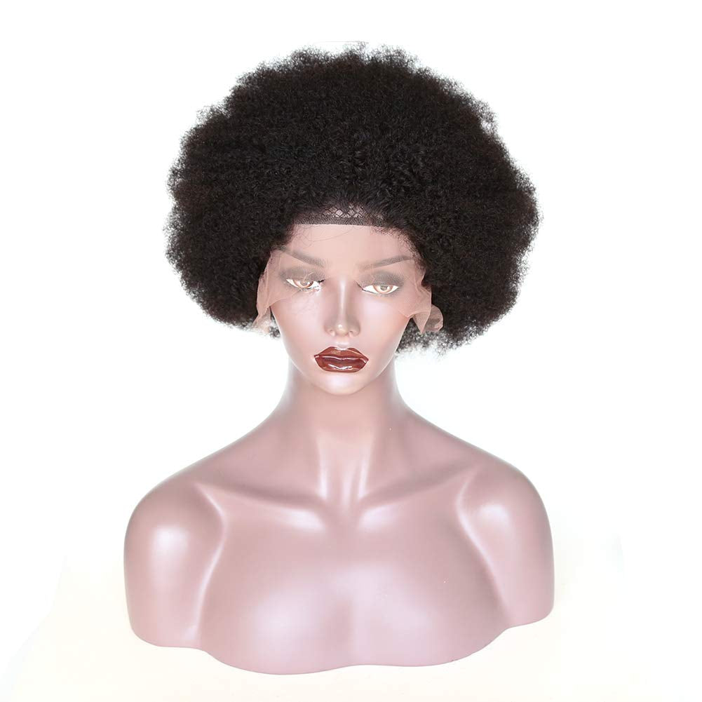 Afro Kinky Curly Fluffy Explosion Short Lace Front Human Hair Wigs for Black Women 10Inch Natural Color Bleached Knots Brazilian Virgin Hair with Baby Hair (Lace Front Wig)