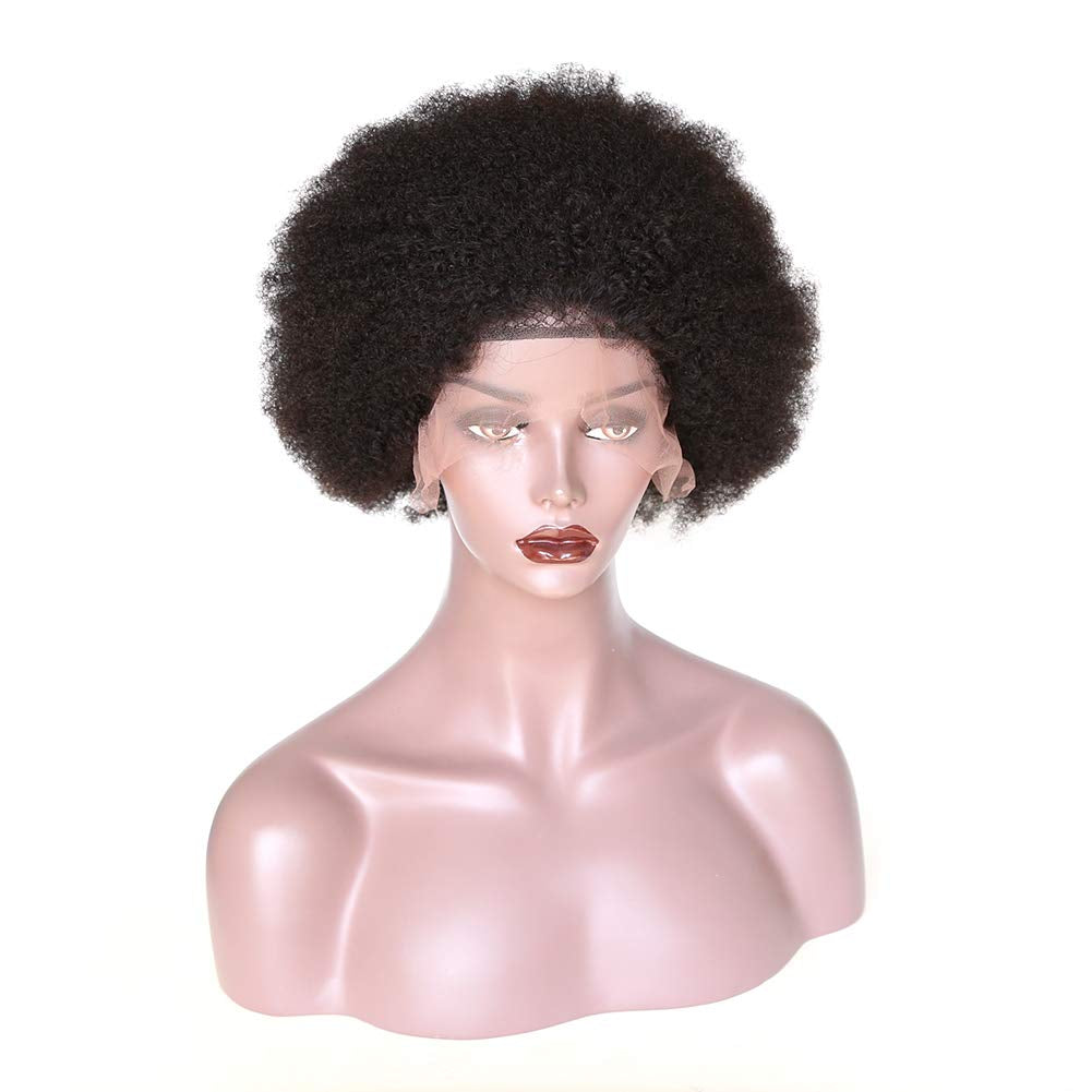 Afro Kinky Curly Fluffy Explosion Short Lace Front Human Hair Wigs for Black Women 10Inch Natural Color Bleached Knots Brazilian Virgin Hair with Baby Hair (Lace Front Wig)