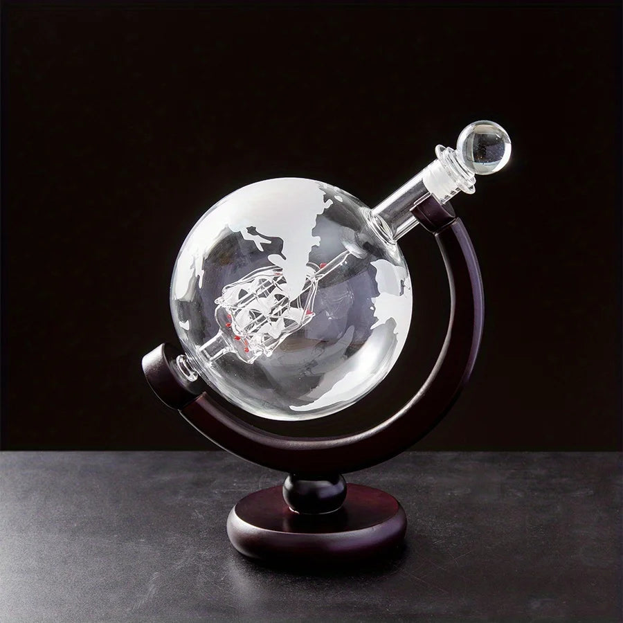 Creative Globe Decanter Set with Lead-Free Carafe Exquisite Wood-Stand and 2 Whisky Glasses Whiskey Decanter Globe Grade Gift