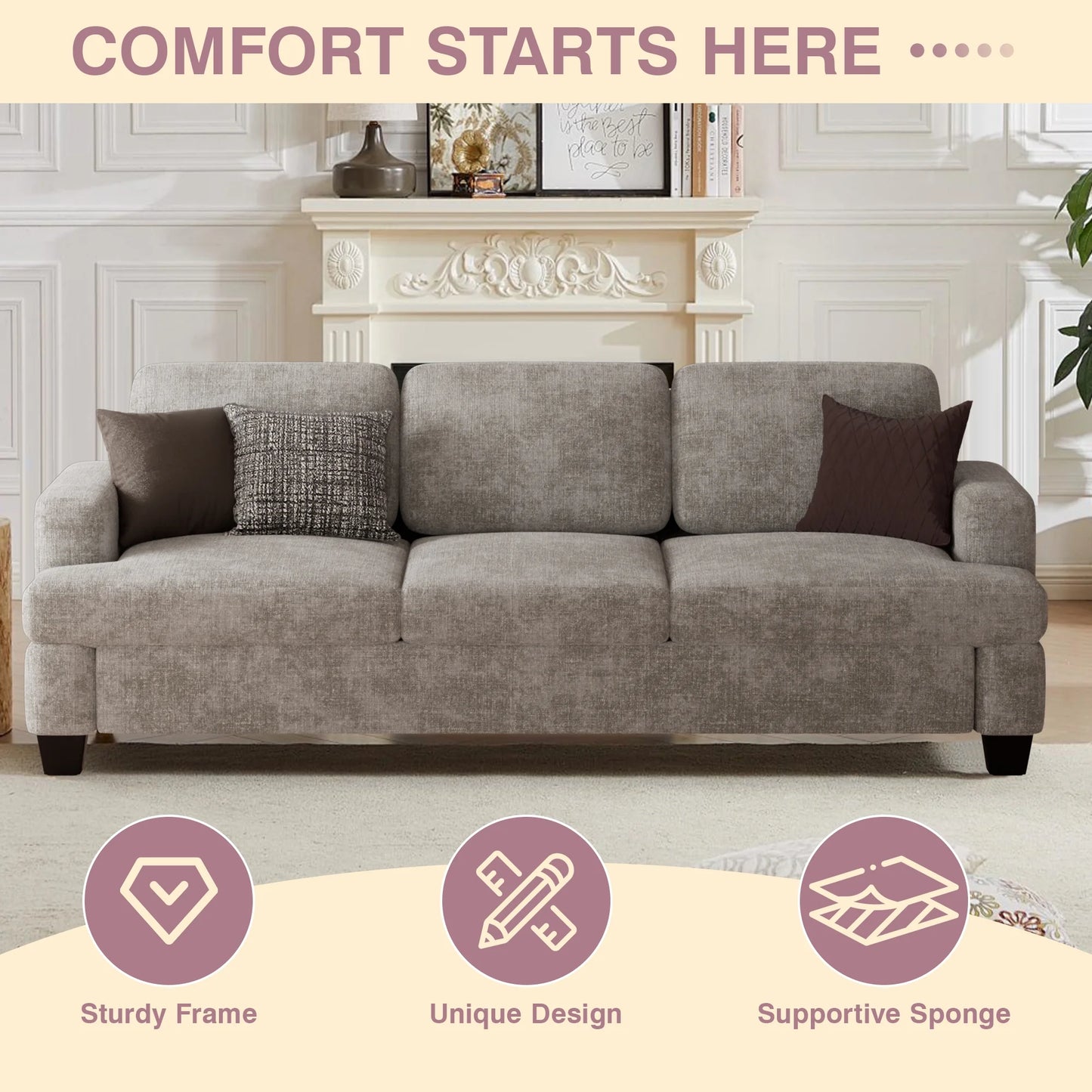 Comfy Sofa Couch, Upholstered Deep 3 Seats Sofa for Living Room, Chenille Fabric Sofa Couch with Reovable Cover, Gray