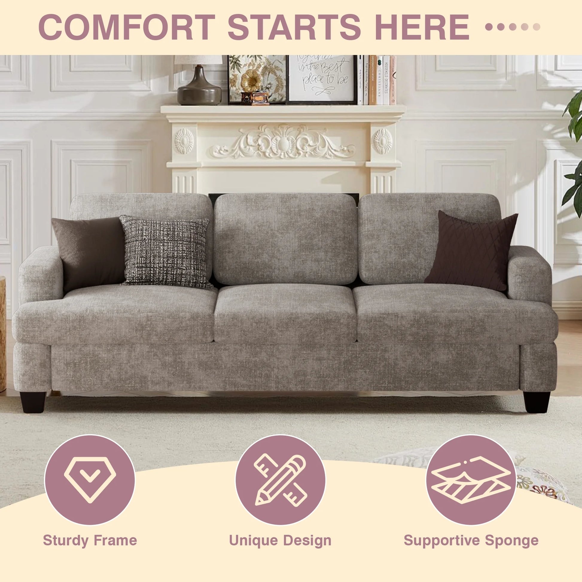 Comfy Sofa Couch, Upholstered Deep 3 Seats Sofa for Living Room, Chenille Fabric Sofa Couch with Reovable Cover, Gray