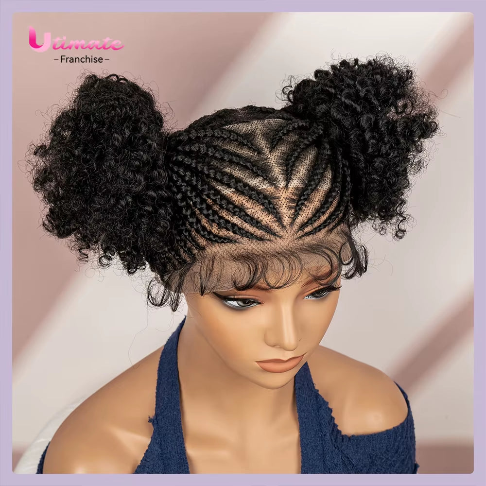 Afro Cornrow Braided Wigs for Black Women 360 Full Lace Twin Buns Braiding Hair Wig 6 Inches Short Afro Curly Wig