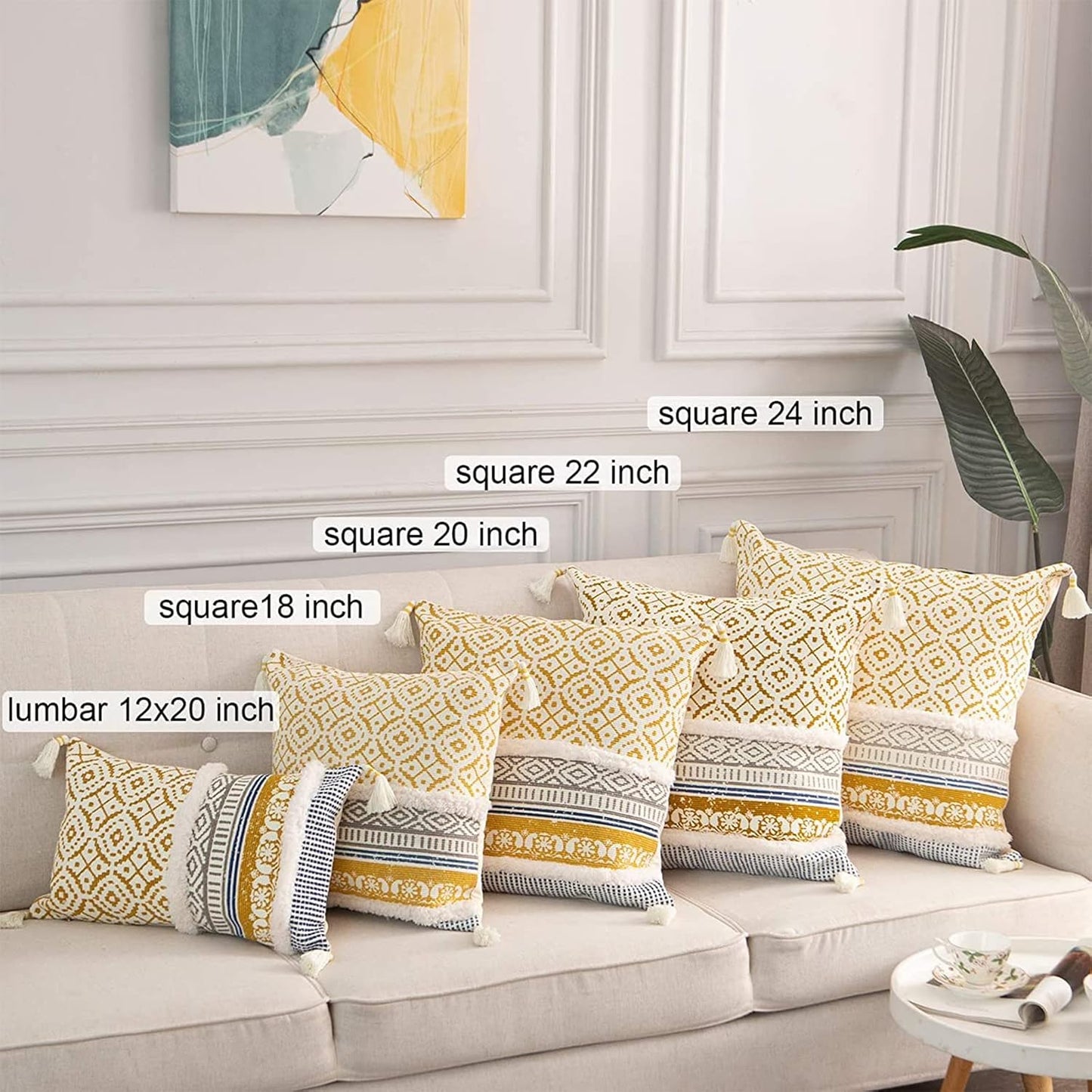 Boho Tufted Decorative Throw Pillow Covers for Couch Sofa - Modern Moroccan Pillow Case with Tassels, Accent Decor Large Pillowcase for Bedroom Living Room Car Hotel, 22 X 22 Inches, Yellow
