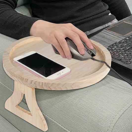 Sofa Arm Clip Table,Natural Pine Wood Sofa Side Tables round Foldable Sofa Armrest Clip-On Tray Table Couch Arm Rest Organizer