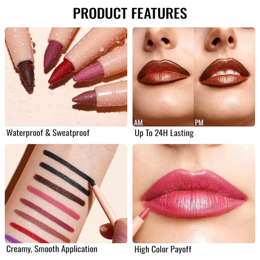 Waterproof Lipliner Pencil Set - Smooth and Creamy, Retractable Lip Makeup for Precision Application, Vegan & Cruelty-Free