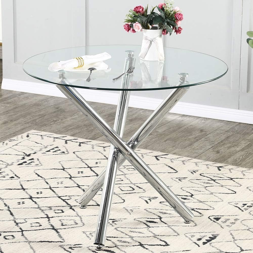 Glass round Dining Table with Clear Tempered Top - Modern Kitchen End Table for Leisure Tea and Coffee