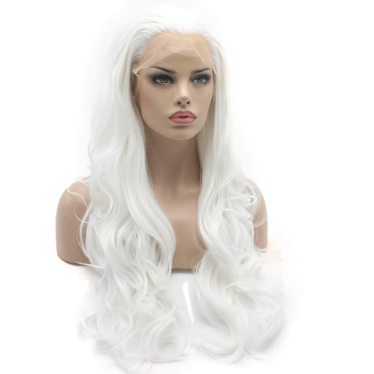 Wavy Long 26Inch White Wig Heat Friendly Full Density Realistic Synthetic Lace Front Wig