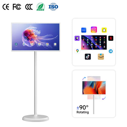 21.5 /23/27/32 Inch Portable TV on Wheels,6G +128G, 8-Core CPU Smart Touch Screen TV with Built-In 5MP Webcam and Battery(6-8H)