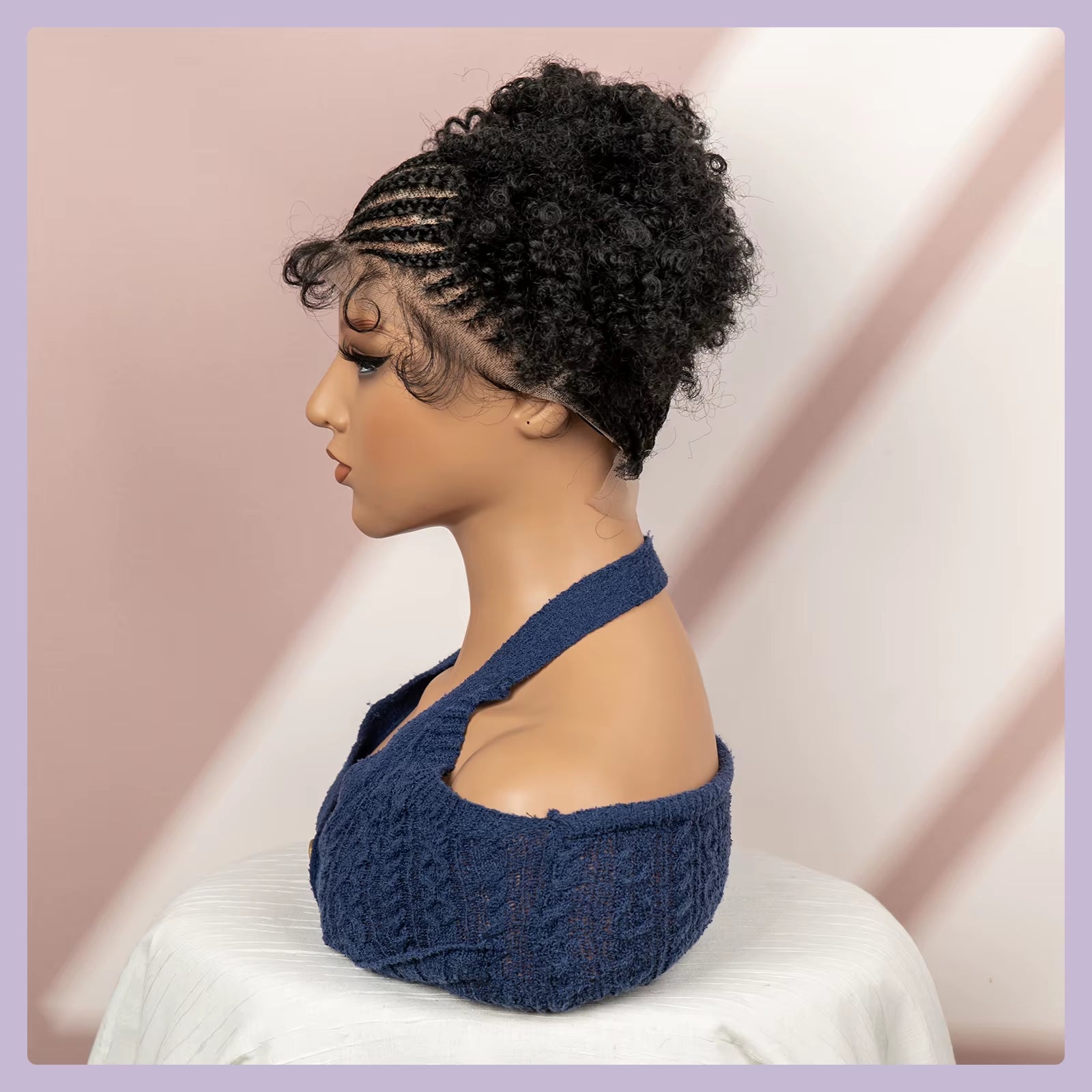 Afro Cornrow Braided Wigs for Black Women 360 Full Lace Twin Buns Braiding Hair Wig 6 Inches Short Afro Curly Wig
