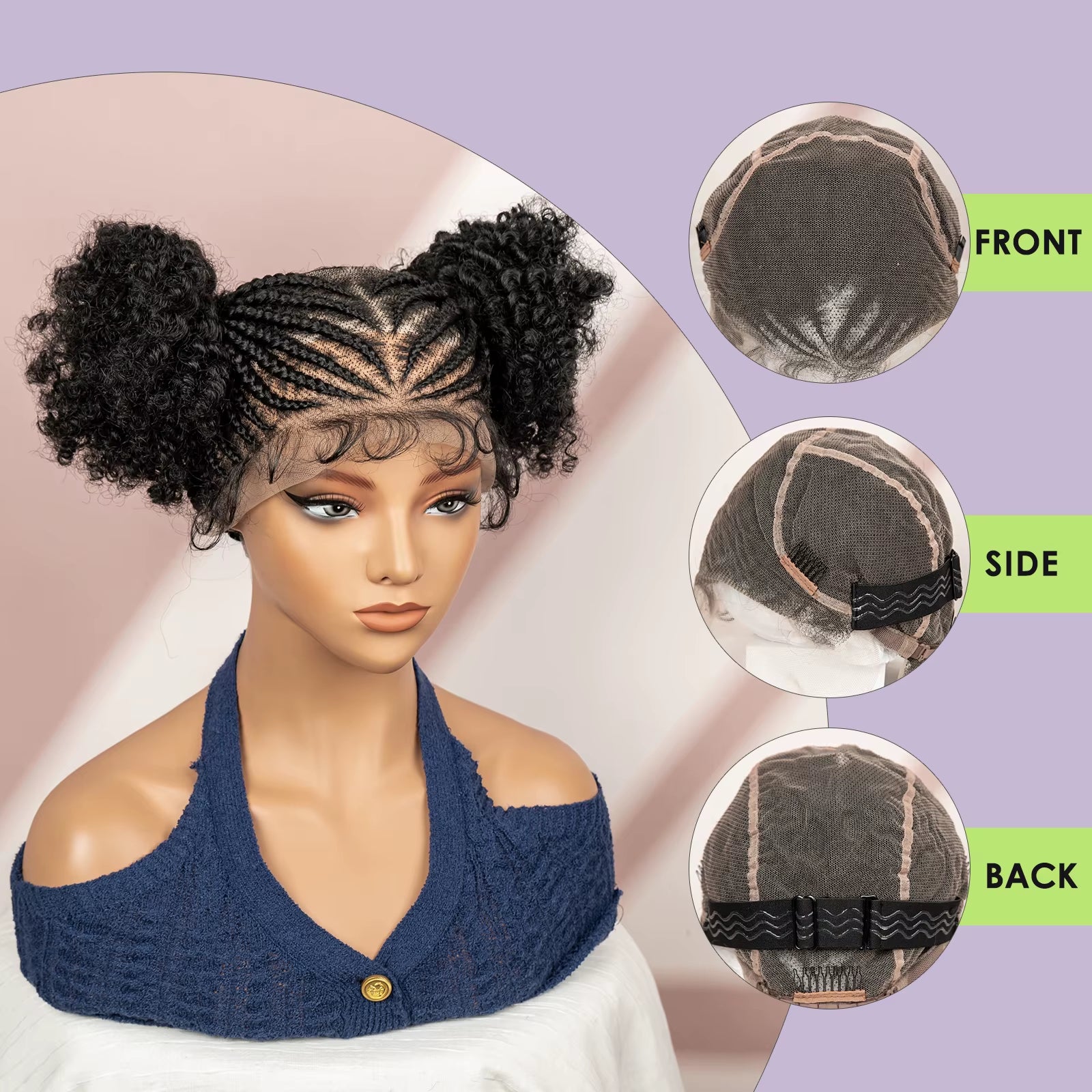Afro Cornrow Braided Wigs for Black Women 360 Full Lace Twin Buns Braiding Hair Wig 6 Inches Short Afro Curly Wig