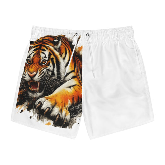 Fierce Tiger Print Swim Trunks, Beach Shorts, Men's Summer Swimwear, Vacation Essentials, Pool Party Gear, Unique Gift