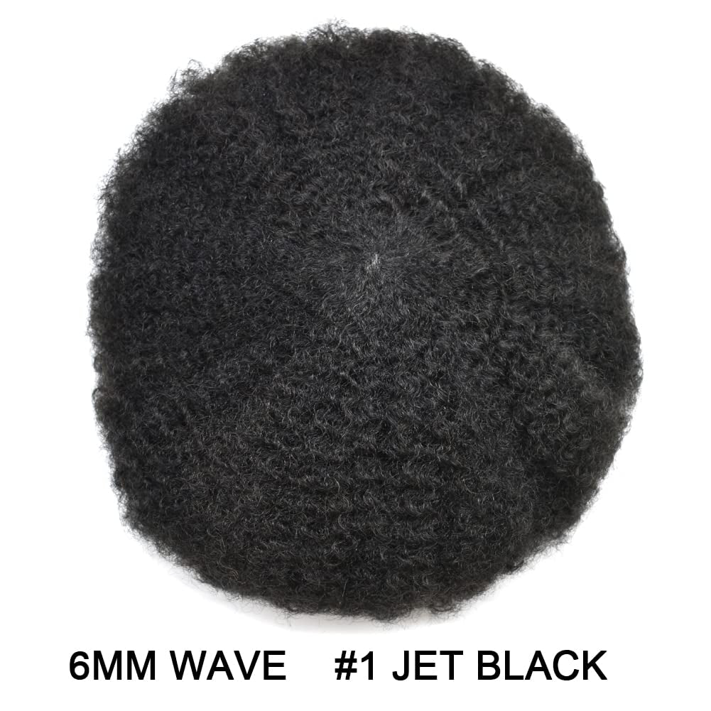 Afro Toupee for Black Men Hair System Replacement 8X10 All Transparent French Lace Kinky Curly Human Hair African American Mens Wigs Hair Unit Afro Wavy 6Mm #1 Jet Black