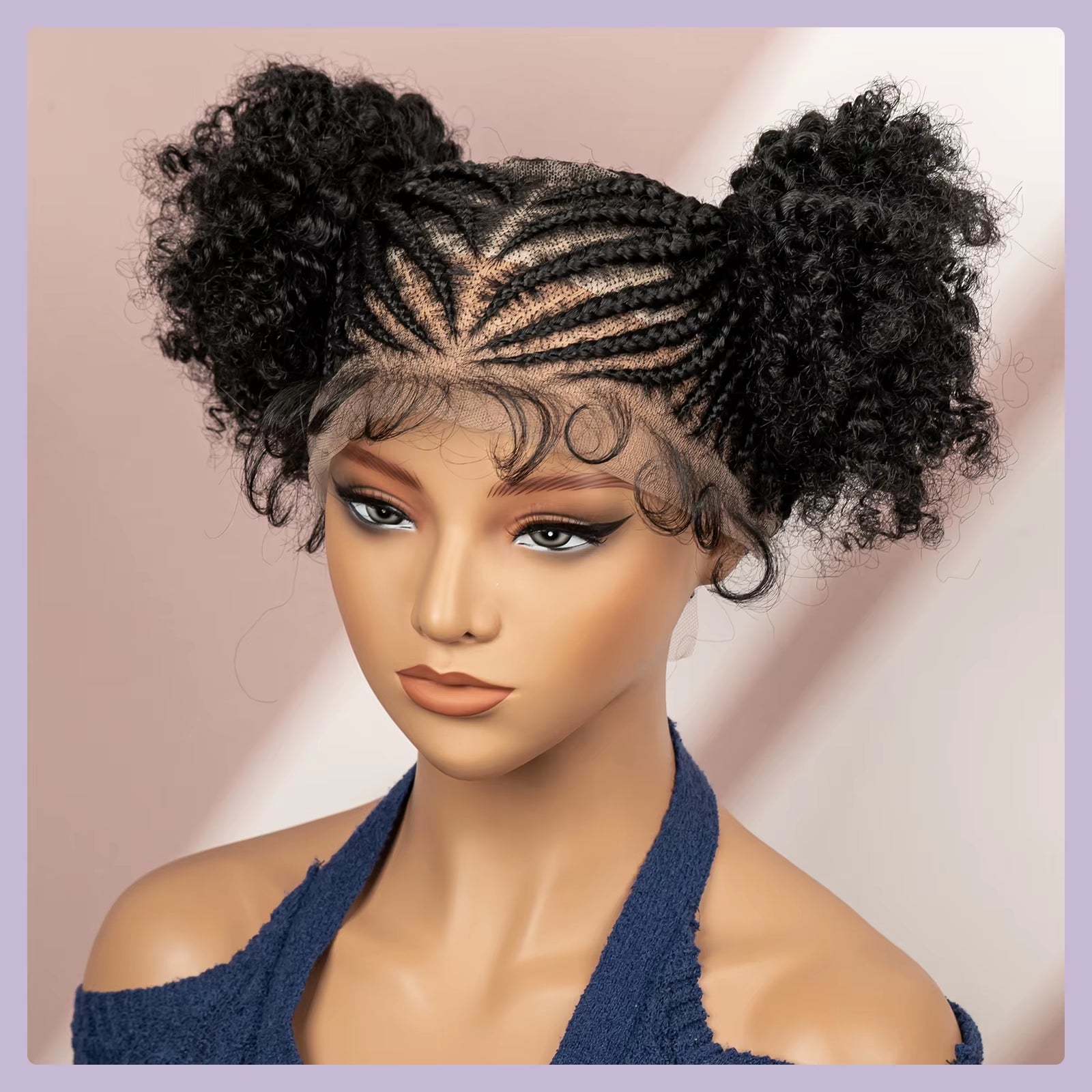 Afro Cornrow Braided Wigs for Black Women 360 Full Lace Twin Buns Braiding Hair Wig 6 Inches Short Afro Curly Wig