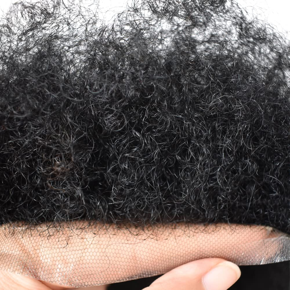 Afro Toupee for Black Men Hair System Replacement 8X10 All Transparent French Lace Kinky Curly Human Hair African American Mens Wigs Hair Unit Afro Wavy 6Mm #1 Jet Black