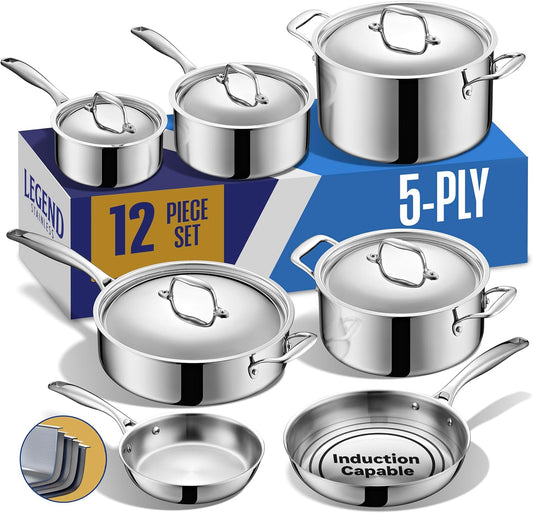 Stainless Steel Cookware Set | 5 Ply 12-Piece Pot and Pan Set Induction Compatible, Non-Toxic | Best Heavy Duty 18/8 Full Clad Construction | Oven Safe Even Heating PFOA PTFE PFOS Free