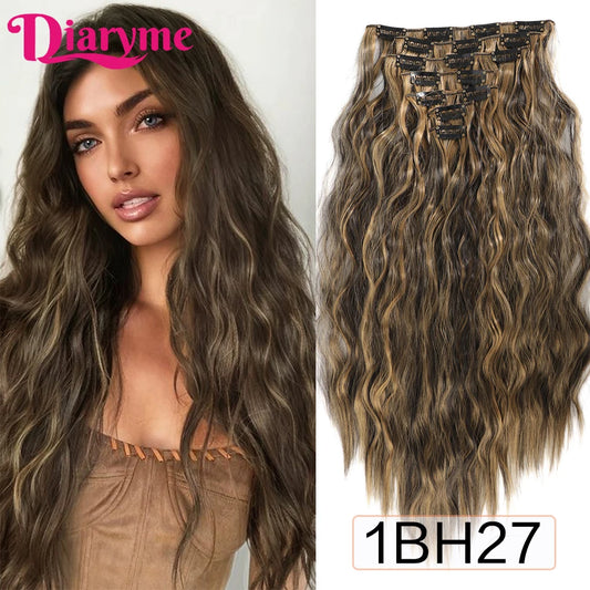 Long Waves Hair Extensions Synthetic Wig Hairpieces 7 PCS Wavy Curly Clip in Hair Extension Natural Fake Hair Piece Half Wig