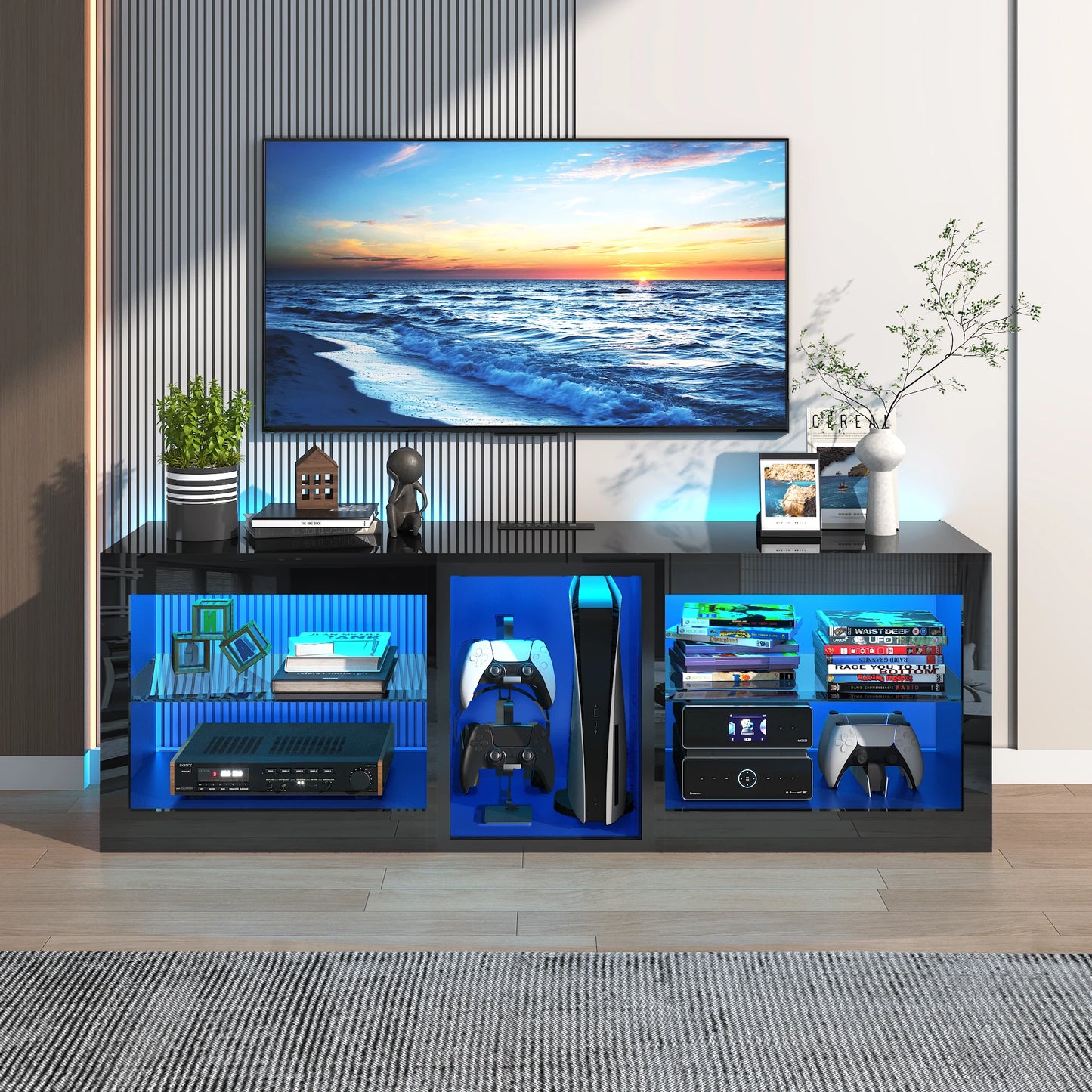 55" LED TV Stand for 55/60" TV, Modern High Gloss TV Cabinet Entertainment Center W/6.5Ft Power Outlet &Adjustable Glass Shelves