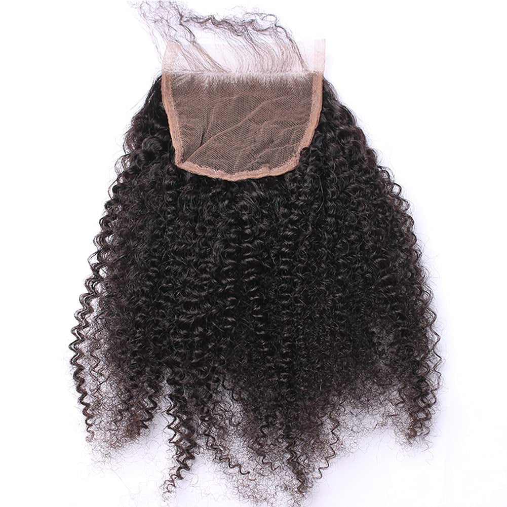 Nicewig 100% Raw Remy Virgin Mongolian 4B 4C Afro Kinky Curly Human Hair Lace Closure with Baby Hair 4"X4"Swiss Lace Free Part Bleached Knots 16"