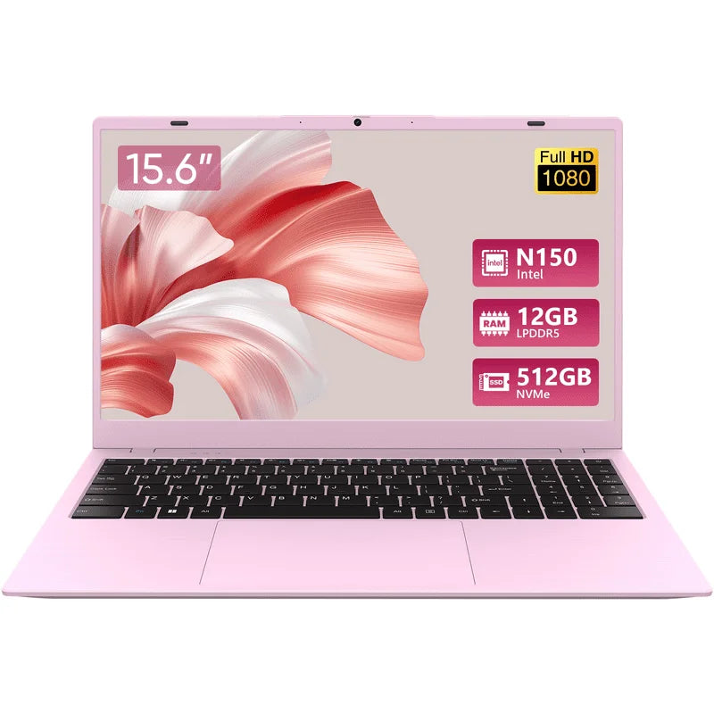 Laptop  15.6" Windows 11 PC Intel N150 4C4T 12GB+512GB, Notebook Pink