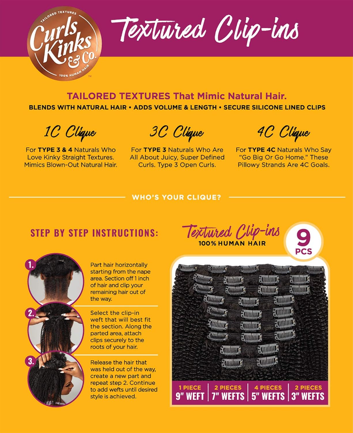 Human Hair Clip on Weave Curls Kinks & Co 4C Clique (18", NATURAL)
