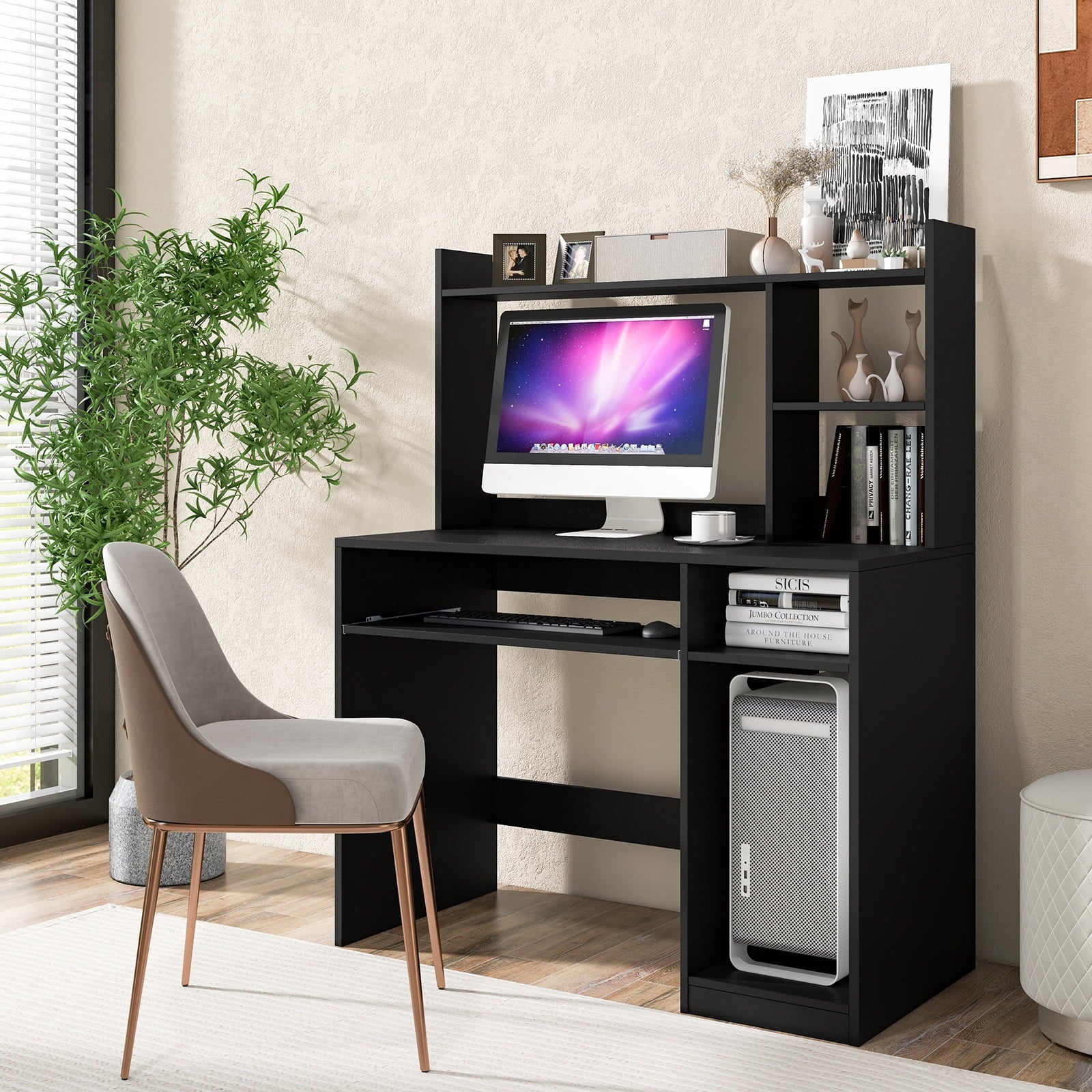 Computer Desk PC Laptop Study Table Bookcase Workstation Shelves&Keyboard Tray