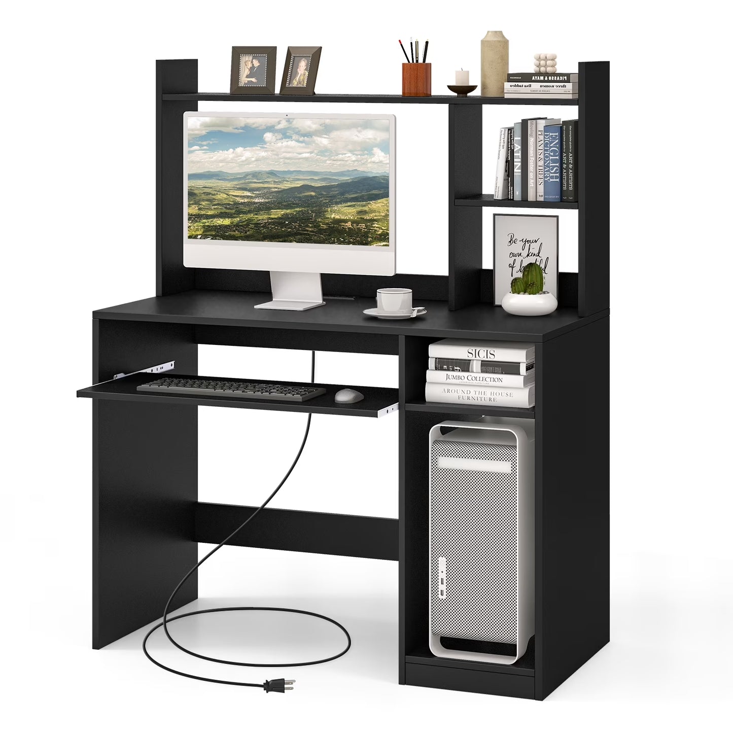 Computer Desk PC Laptop Study Table Bookcase Workstation Shelves&Keyboard Tray