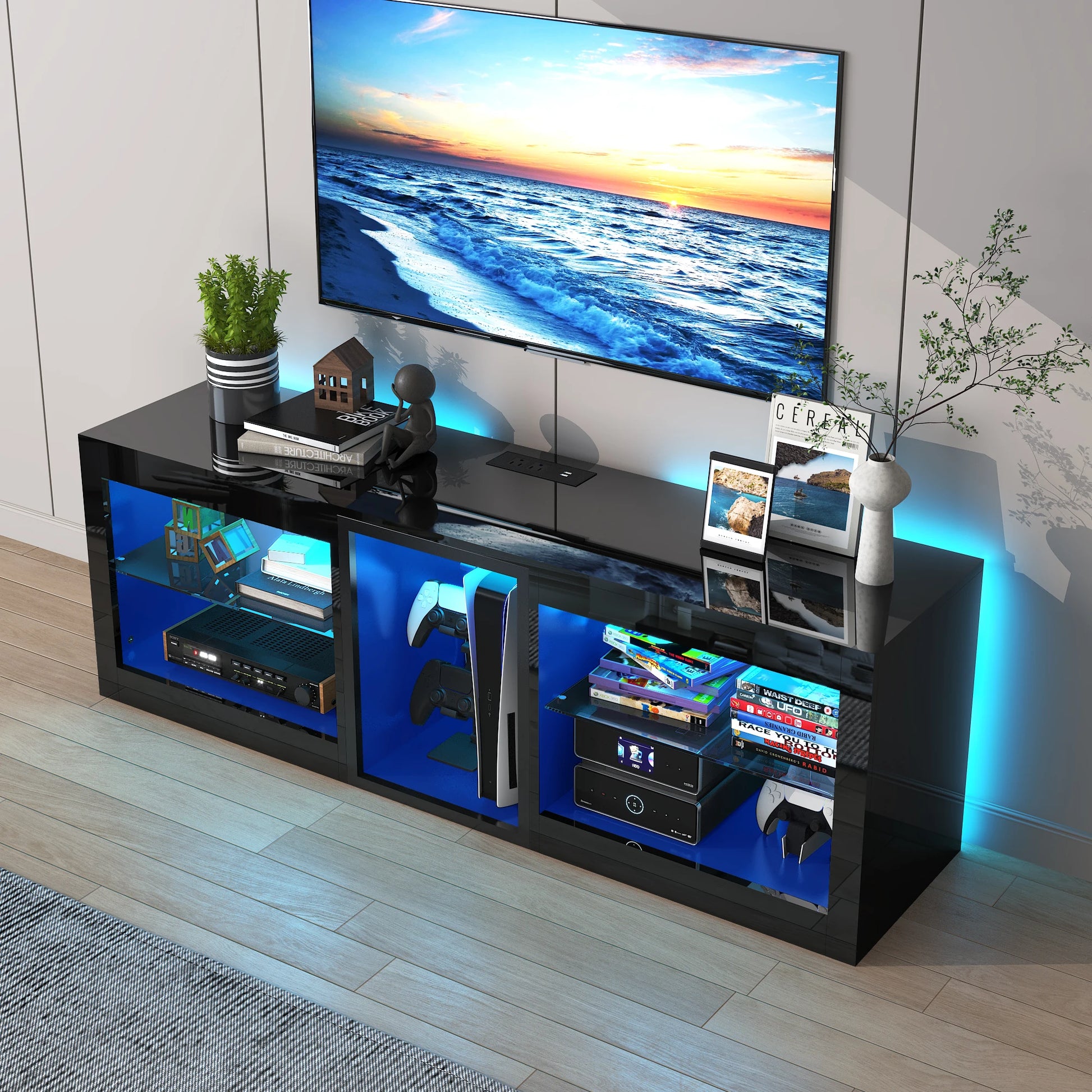 55" LED TV Stand for 55/60" TV, Modern High Gloss TV Cabinet Entertainment Center W/6.5Ft Power Outlet &Adjustable Glass Shelves