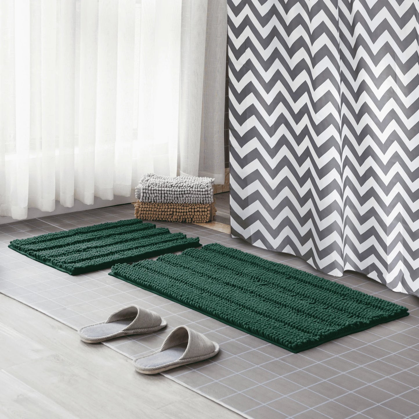 Soft 1-Piece Luxury Chenille Striped Bathroom Rug, Green, 18" X 48", Large