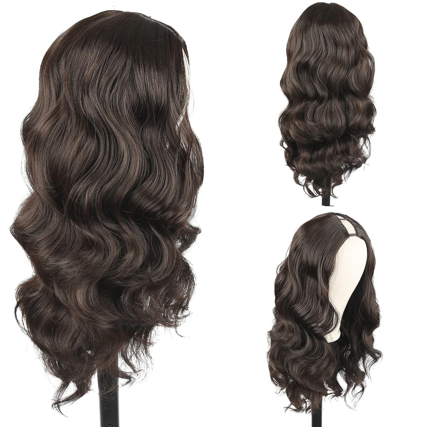 Chocolate Brown Body Wave V Part Wig Upgrade U Part Synthetic Wigs for Black Women, 24Inch Long Wavy Brown Wig V Shape Glueless Wigs Full Head Clip in Half Wig No Leave Out(#4)