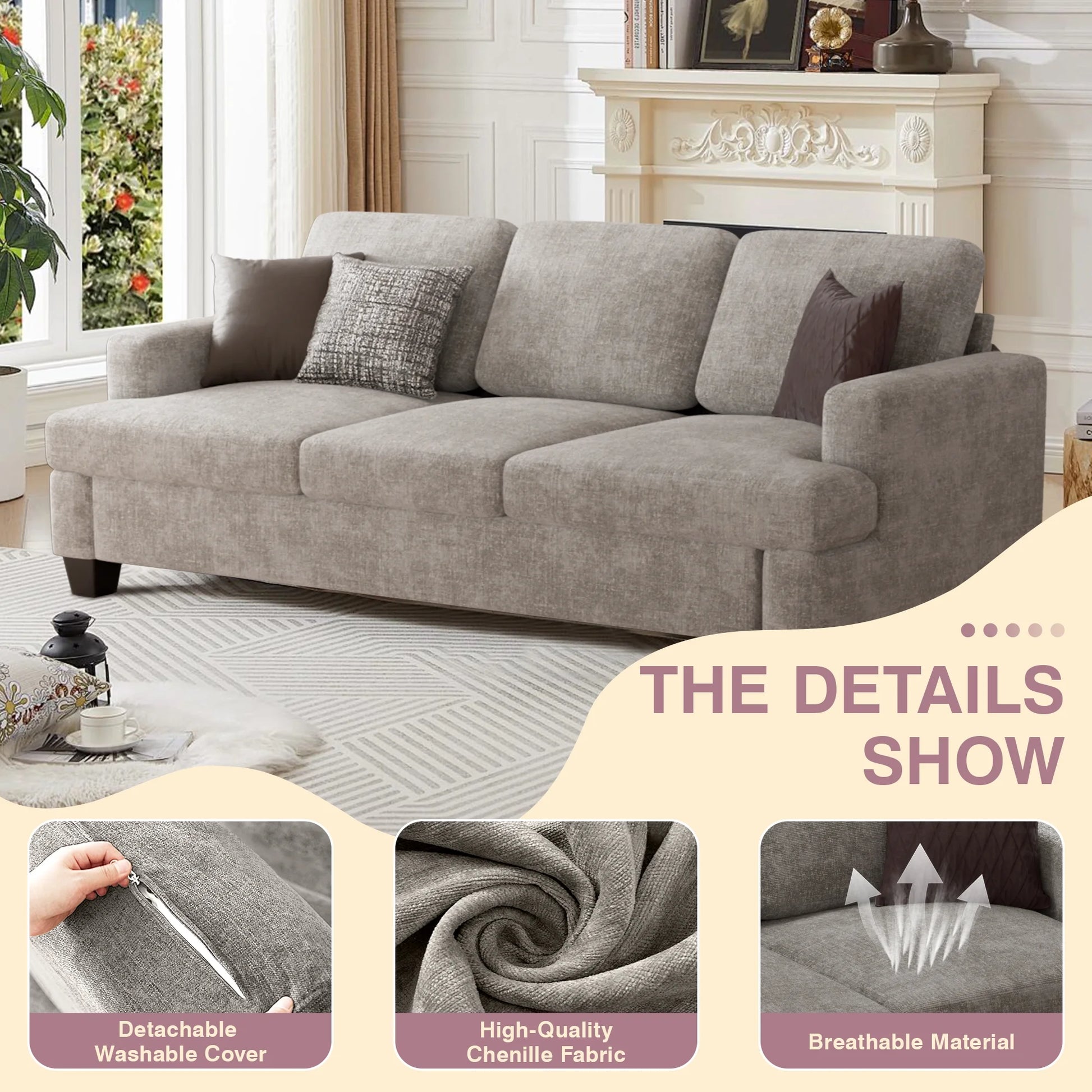 Comfy Sofa Couch, Upholstered Deep 3 Seats Sofa for Living Room, Chenille Fabric Sofa Couch with Reovable Cover, Gray