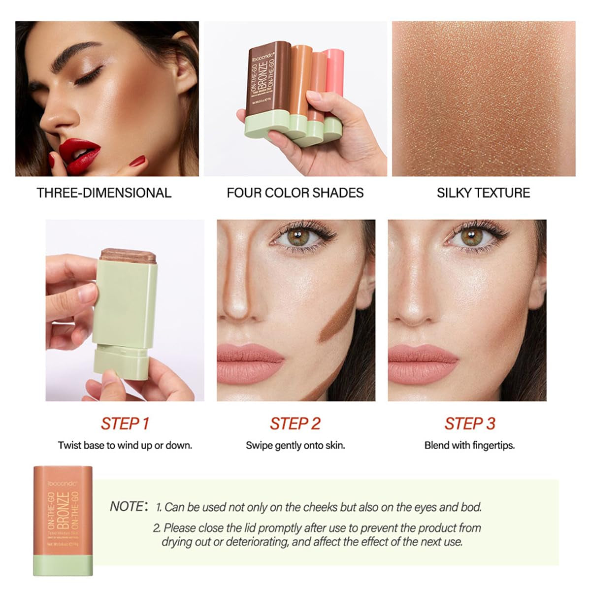 Cream Contour Stick,Versatile Bronzer Facial Contouring Stick,Long Lasting Highlighter Waterproof Facial Shaping,Buildable Highlight Contour Makeup Natural Radiant Look,03 Rich Glow
