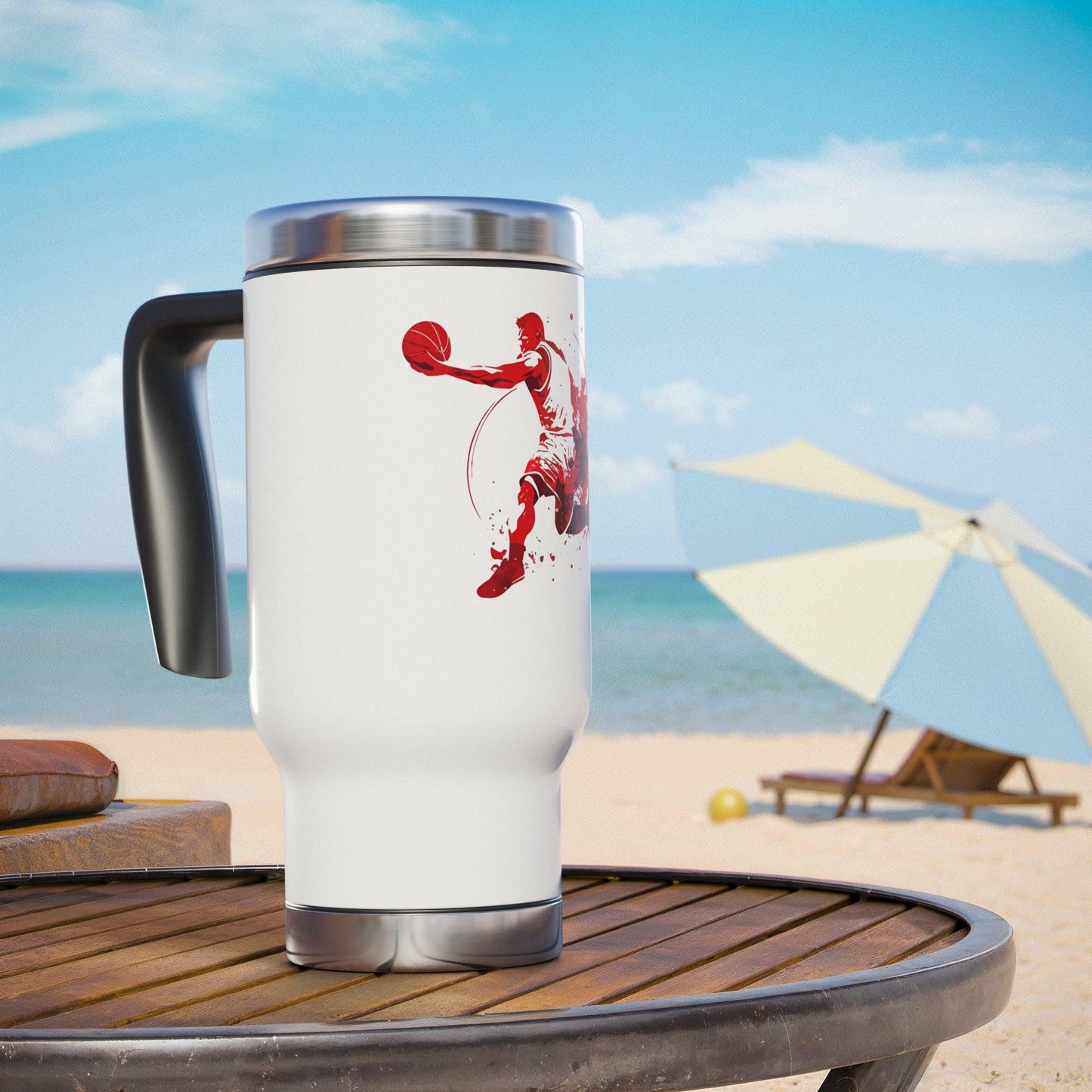 Basketball Player Splash Stainless Steel Travel Mug — 14oz Insulated Handle Tumbler