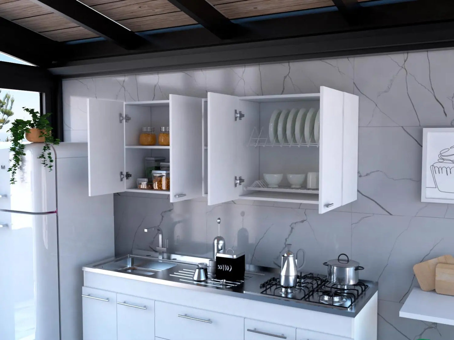 Portofino 150 Wall Cabinet, Double Door, Two External Shelves, Two Interior Shelves White