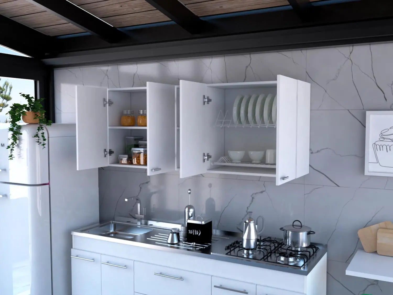 Portofino 150 Wall Cabinet, Double Door, Two External Shelves, Two Interior Shelves White