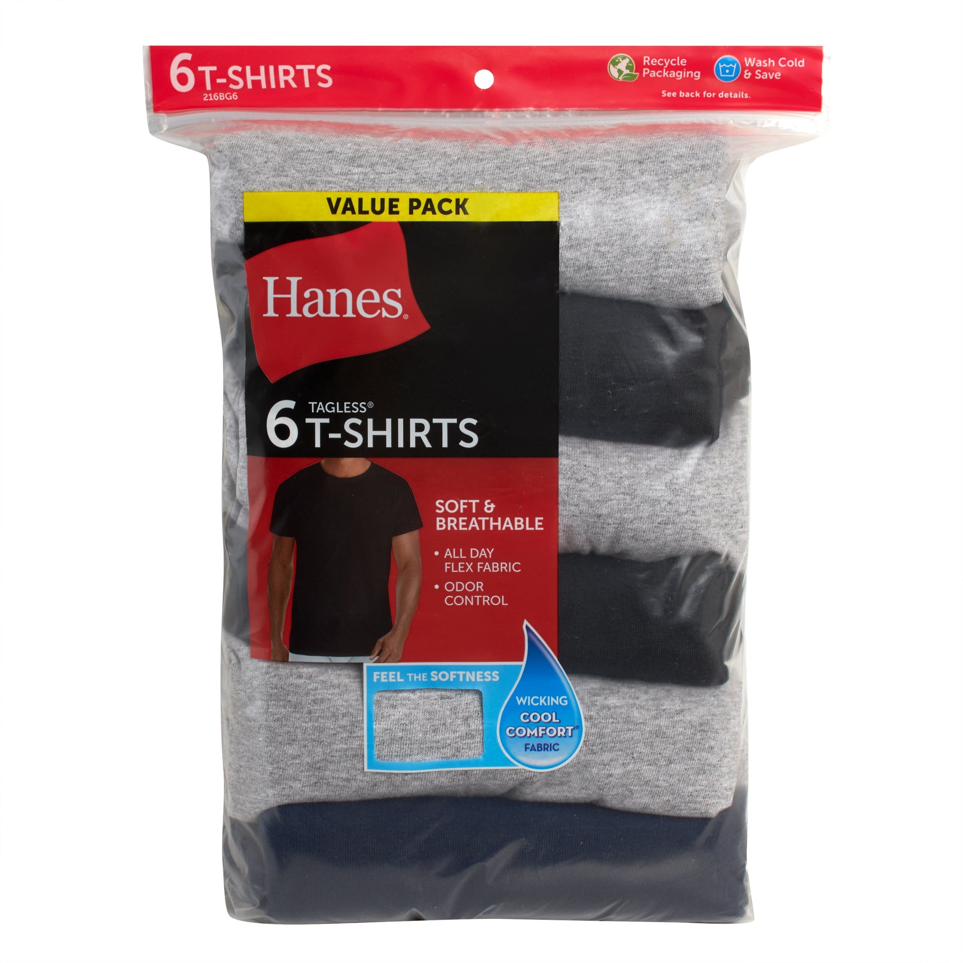 Men'S T-Shirt Pack, Moisture-Wicking Stay-Tucked Undershirts, Black/Grey/Blue, 6-Pack Assorted 3XL