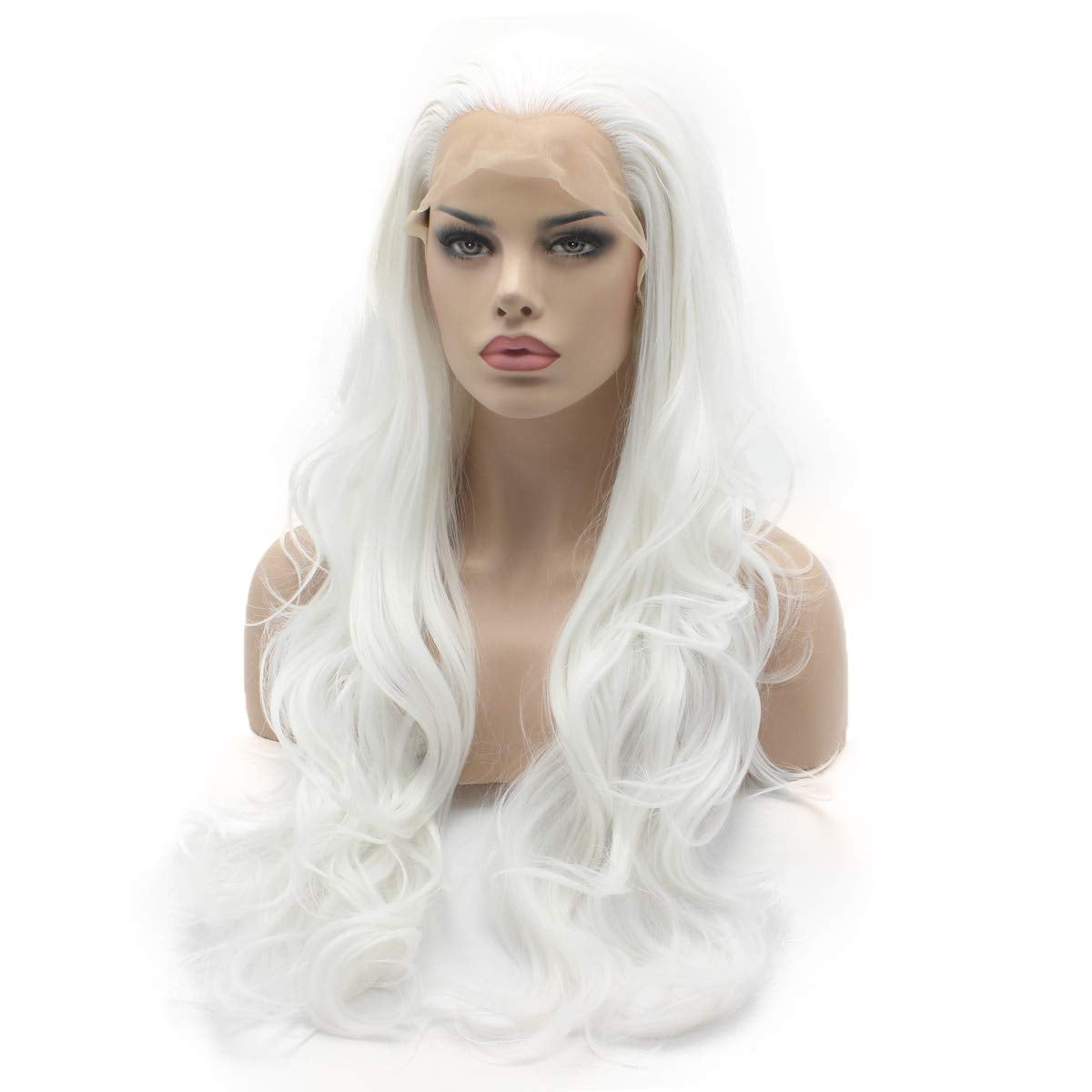 Wavy Long 26Inch White Wig Heat Friendly Full Density Realistic Synthetic Lace Front Wig