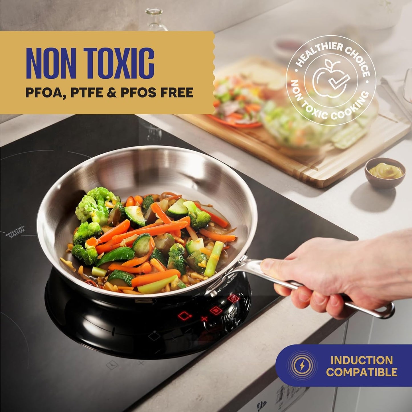 Stainless Steel Cookware Set | 5 Ply 12-Piece Pot and Pan Set Induction Compatible, Non-Toxic | Best Heavy Duty 18/8 Full Clad Construction | Oven Safe Even Heating PFOA PTFE PFOS Free
