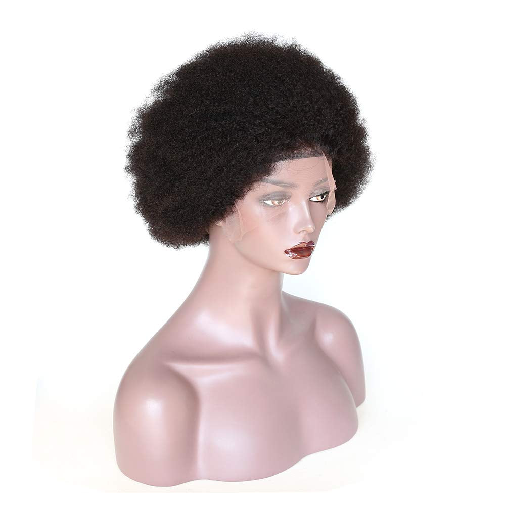 Afro Kinky Curly Fluffy Explosion Short Lace Front Human Hair Wigs for Black Women 10Inch Natural Color Bleached Knots Brazilian Virgin Hair with Baby Hair (Lace Front Wig)
