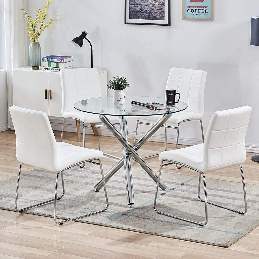 Glass round Dining Table with Clear Tempered Top - Modern Kitchen End Table for Leisure Tea and Coffee